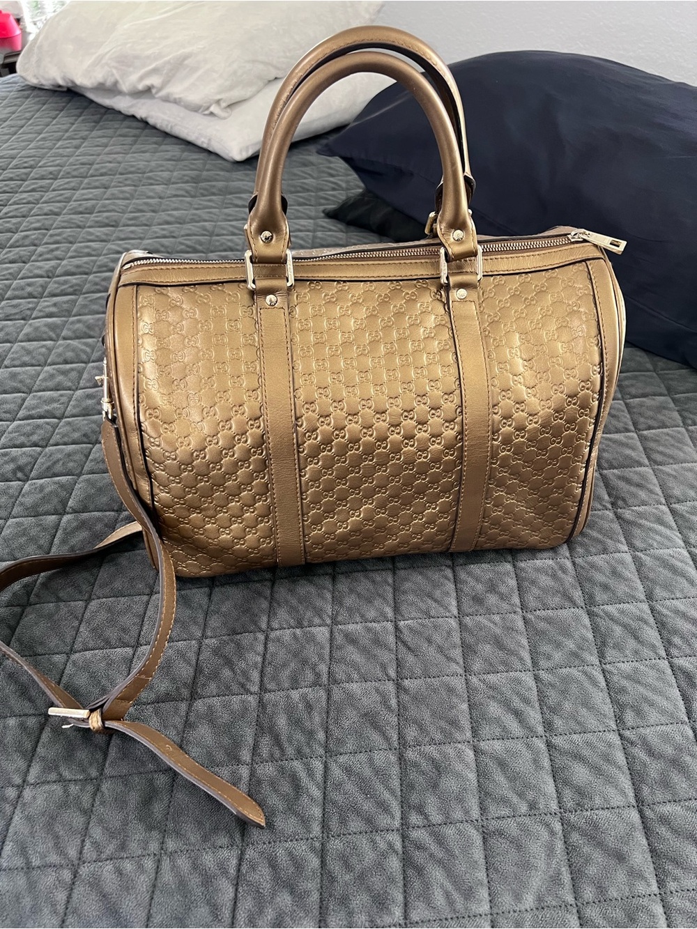 Gucci Boston Purse Metallic Bronze Duffle Bag Style Gold Crossbody Strap - Picture 2 of 16